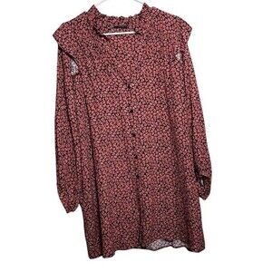 Zara Pink & Black Viscose Long Sleeve Floral Ruffle Mini Dress Tunic Size Medium